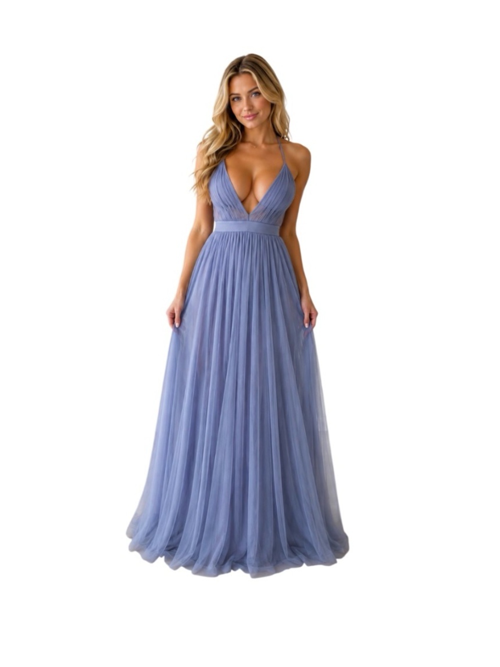 Elegant Lavender  Tulle Maxi Dress with Plunging V-Neck NWT